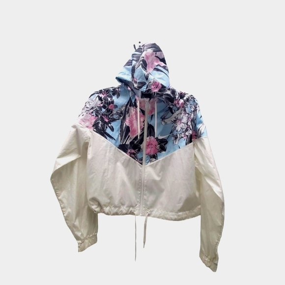 Nike Windrunner Cropped Hooded Jacket White Floral Colorblocked Like NEW - Picture 1 of 15